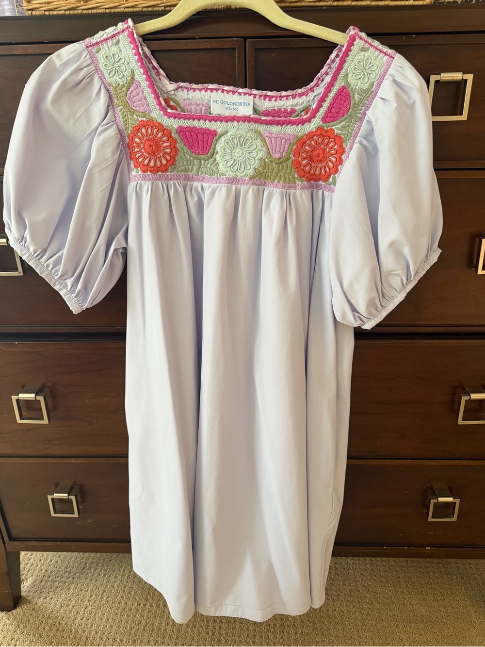 Mi Golondrina Light Lavender Dress with Pink & Orange Embroidery